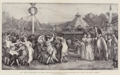 Une vieille coutume anglaise, danse autour du mât de mai sur la place du village